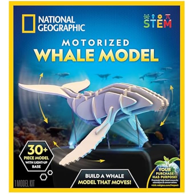 NATIONAL GEOGRAPHIC MOTORIZED WHALE 3D PUZZLE - 45-PIECE 3D WOOD MODEL KIT WITH LIGHT-UP MOTORIZED DISPLAY BASE WITH 8 LIGHT SETTINGS, 3D PUZZLES FOR KIDS, WOODEN ANIMAL PUZZLE, WHALE TOY - Image 1
